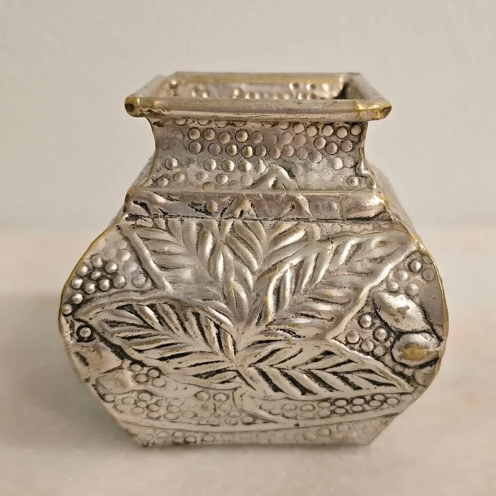 Vintage Grapes Leaves Embossed Metal Vase Planter?